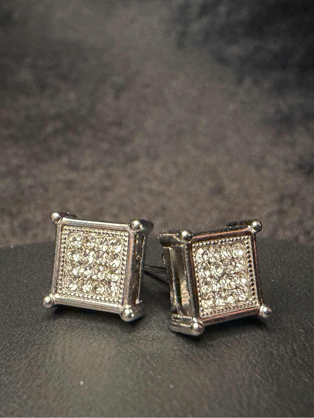 Square Pavé Simulated CZ Stud Earrings Silver Tone Butterfly Back Brand New